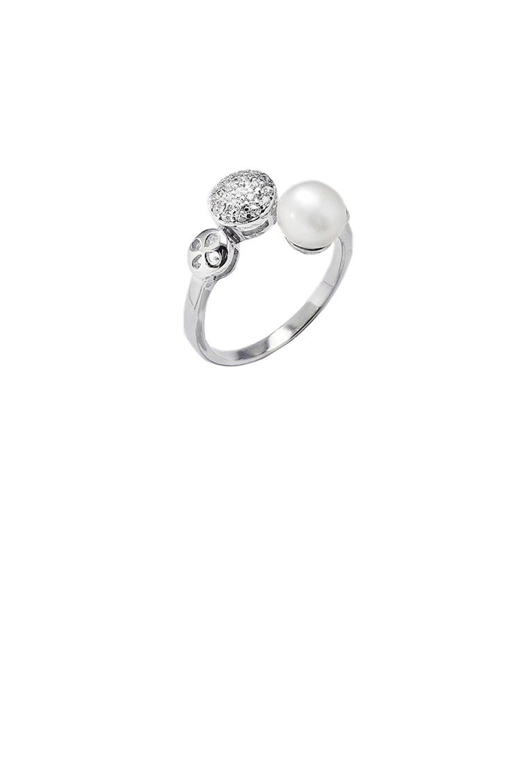 925 Sterling Silver Simple Fashion Geometric Round Freshwater Pearl Adjustable Opening Ring with Cubic Zirconia - Luxurious Look