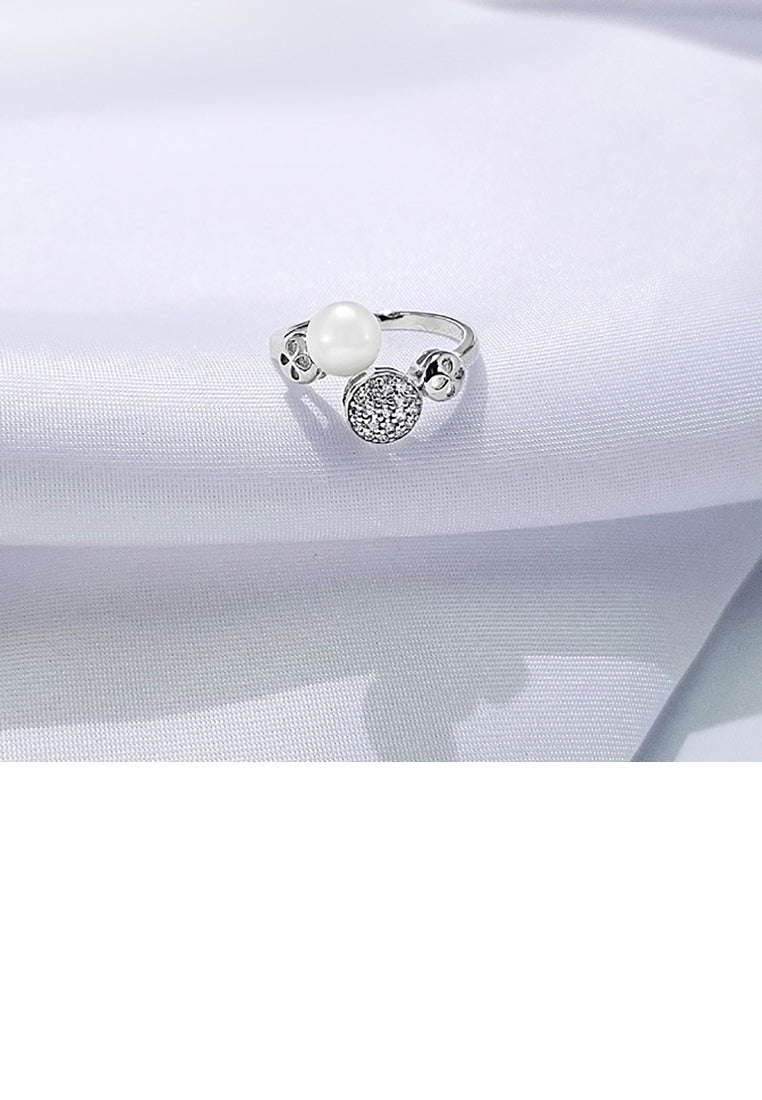 925 Sterling Silver Simple Fashion Geometric Round Freshwater Pearl Adjustable Opening Ring with Cubic Zirconia - Luxurious Look