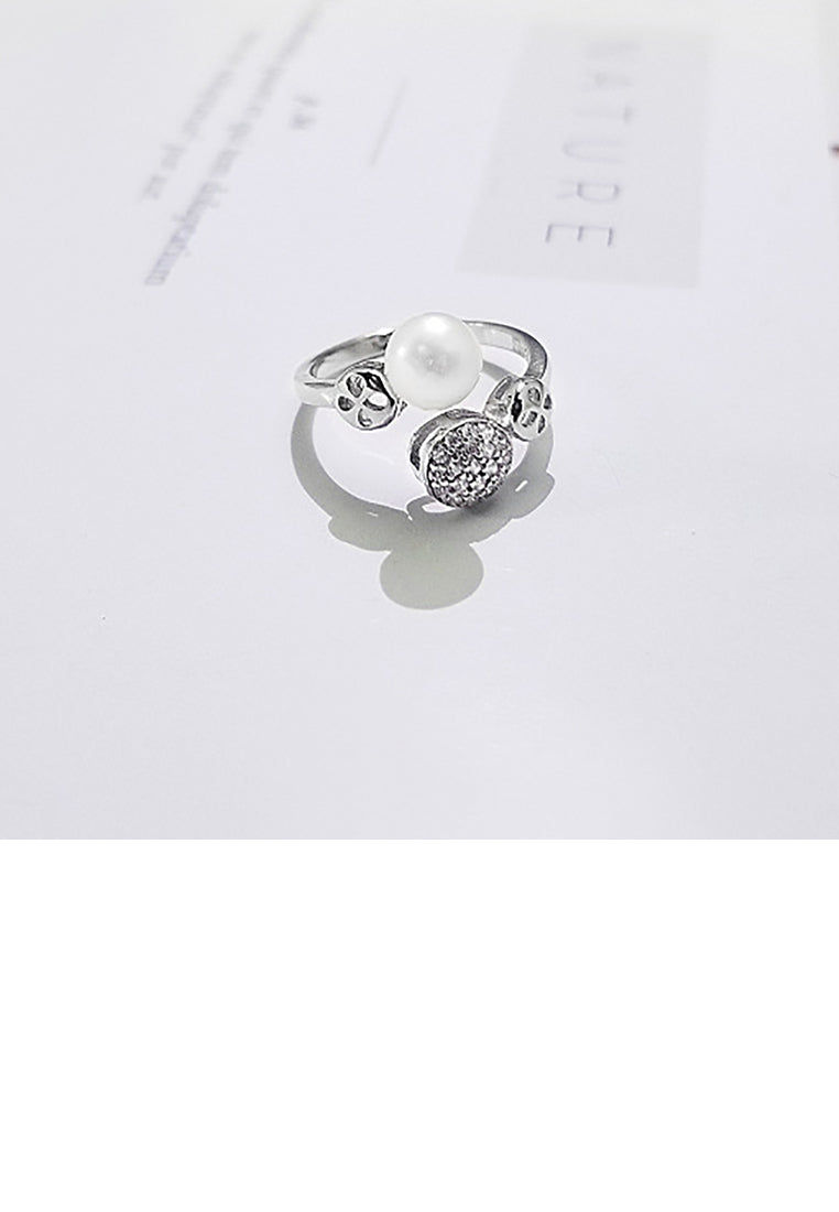 925 Sterling Silver Simple Fashion Geometric Round Freshwater Pearl Adjustable Opening Ring with Cubic Zirconia - Luxurious Look