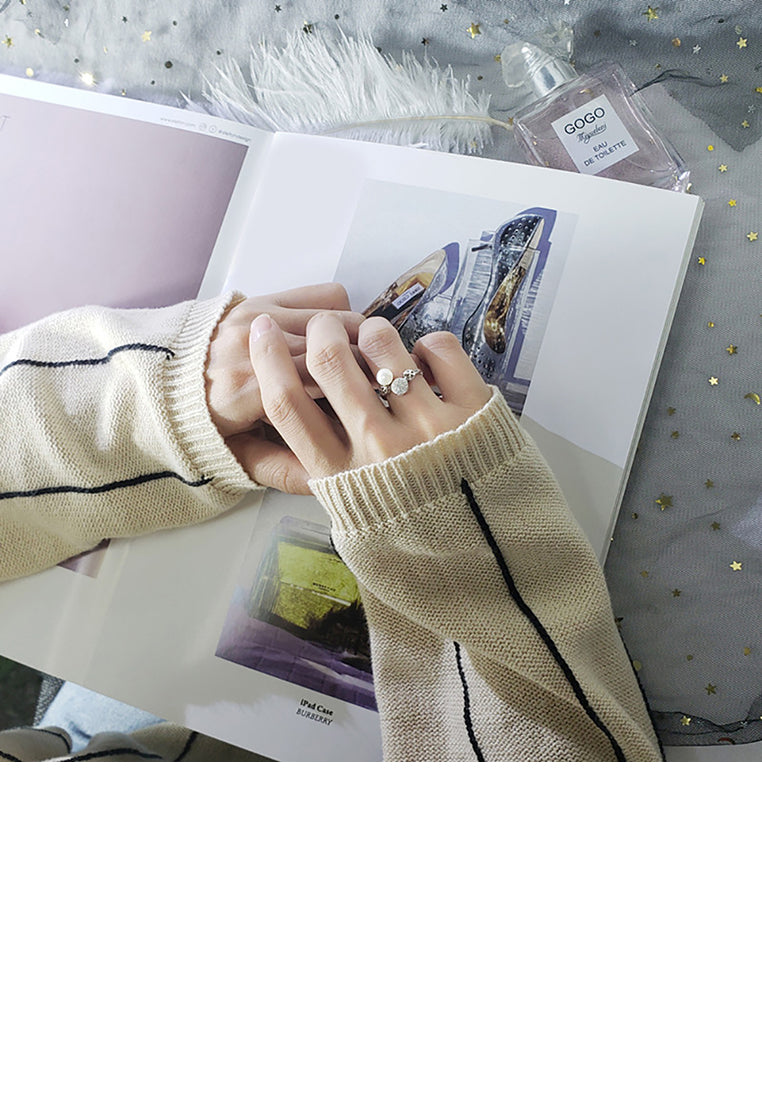 925 Sterling Silver Simple Fashion Geometric Round Freshwater Pearl Adjustable Opening Ring with Cubic Zirconia - Luxurious Look