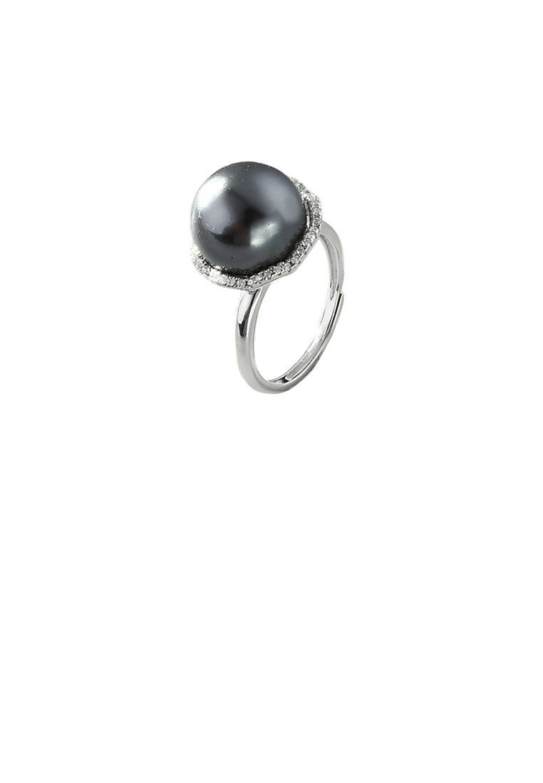 925 Sterling Silver Fashion Elegant Geometric Round Black Freshwater Pearl Adjustable Ring - Luxurious Look
