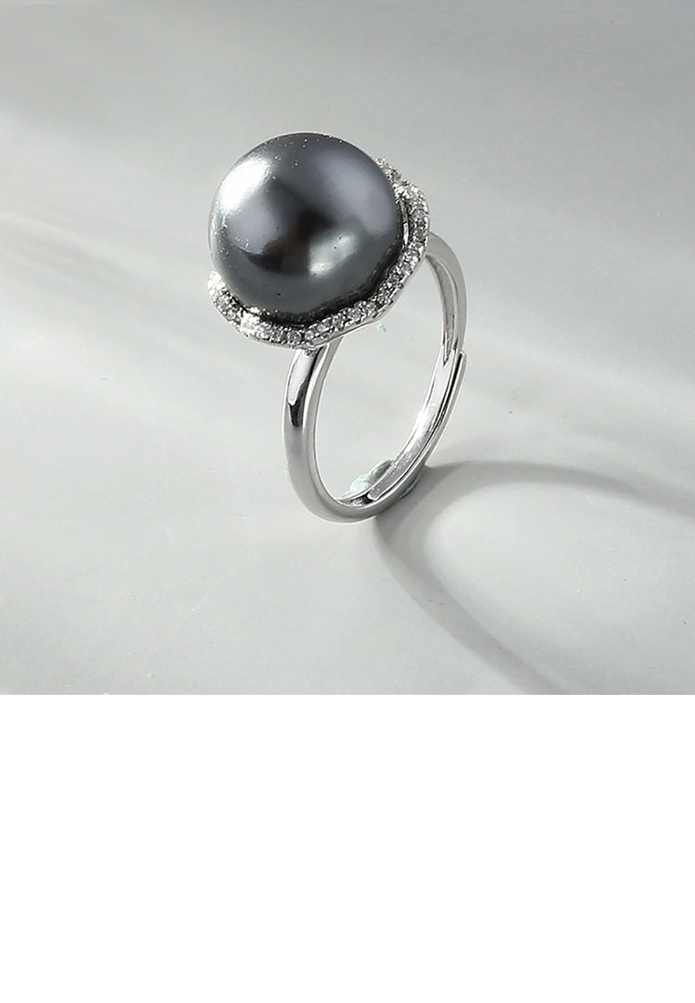 925 Sterling Silver Fashion Elegant Geometric Round Black Freshwater Pearl Adjustable Ring - Luxurious Look