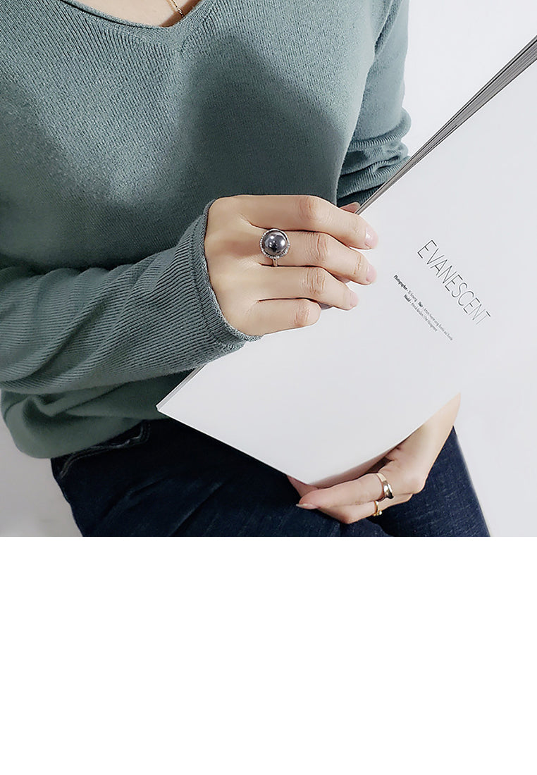 925 Sterling Silver Fashion Elegant Geometric Round Black Freshwater Pearl Adjustable Ring - Luxurious Look