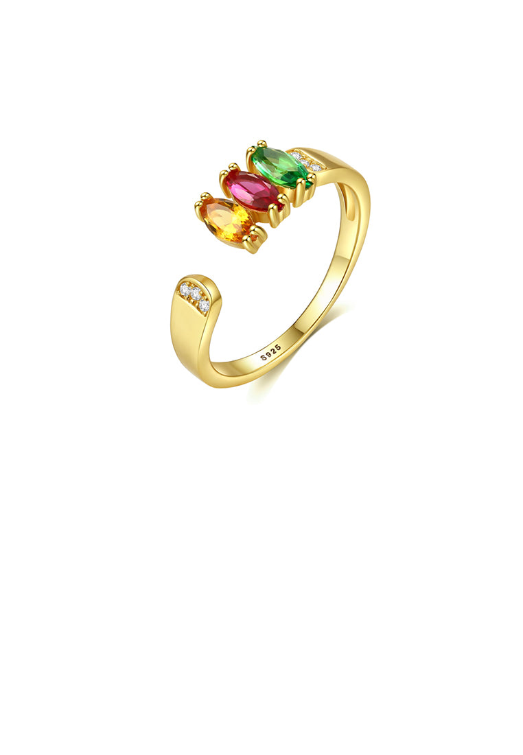 925 Sterling Silver Plated Gold Simple and Elegant Geometric Adjustable Open Ring with Colorful Cubic Zirconia - Luxurious Look