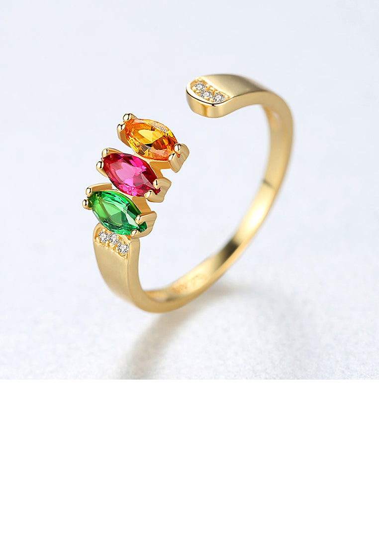 925 Sterling Silver Plated Gold Simple and Elegant Geometric Adjustable Open Ring with Colorful Cubic Zirconia - Luxurious Look