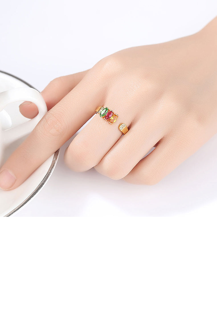 925 Sterling Silver Plated Gold Simple and Elegant Geometric Adjustable Open Ring with Colorful Cubic Zirconia - Luxurious Look