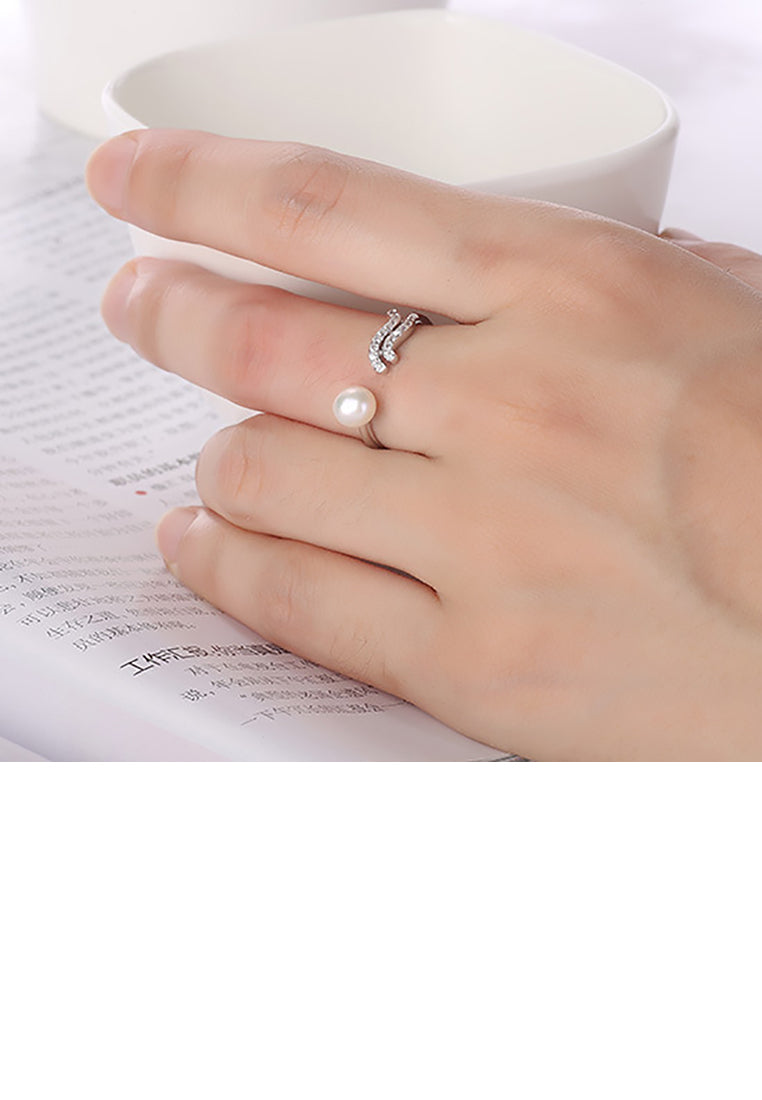 925 Sterling Silver Fashion Simple Twelve Constellation Aquarius Freshwater Pearl Adjustable Ring with Cubic Zirconia - Luxurious Look