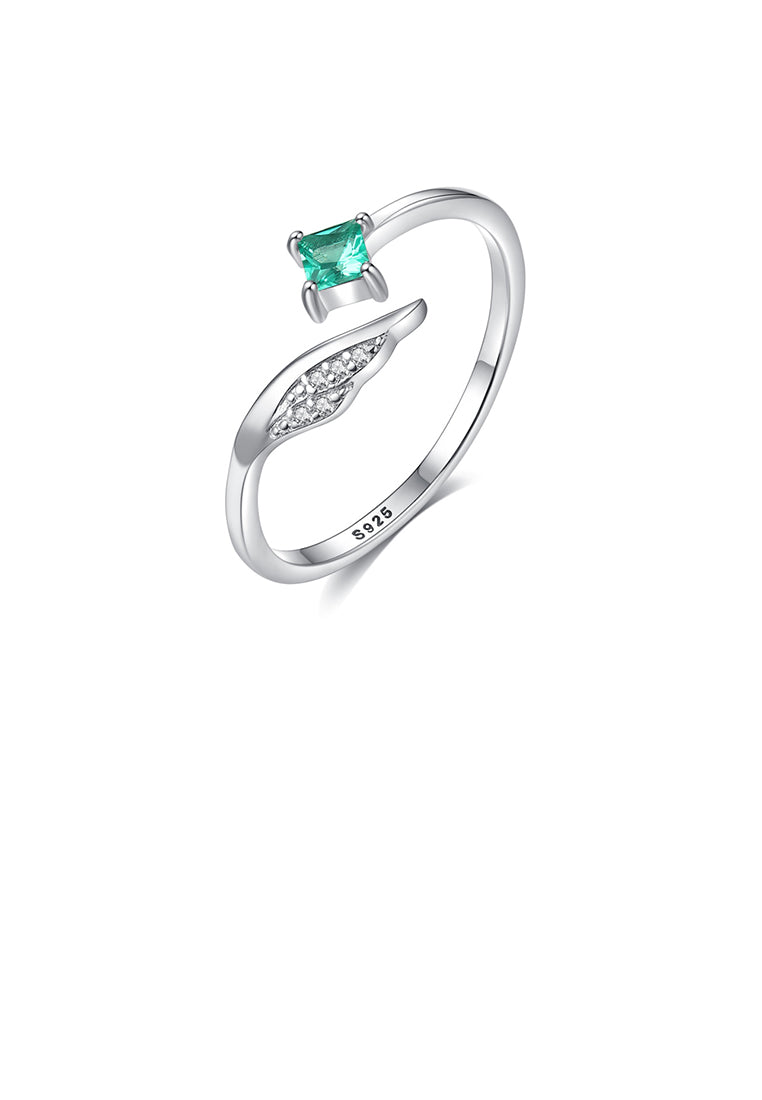 925 Sterling Silver Simple and Elegant Angel Wings Adjustable Open Ring with Green Cubic Zirconia - Luxurious Look