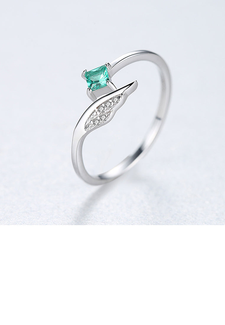 925 Sterling Silver Simple and Elegant Angel Wings Adjustable Open Ring with Green Cubic Zirconia - Luxurious Look