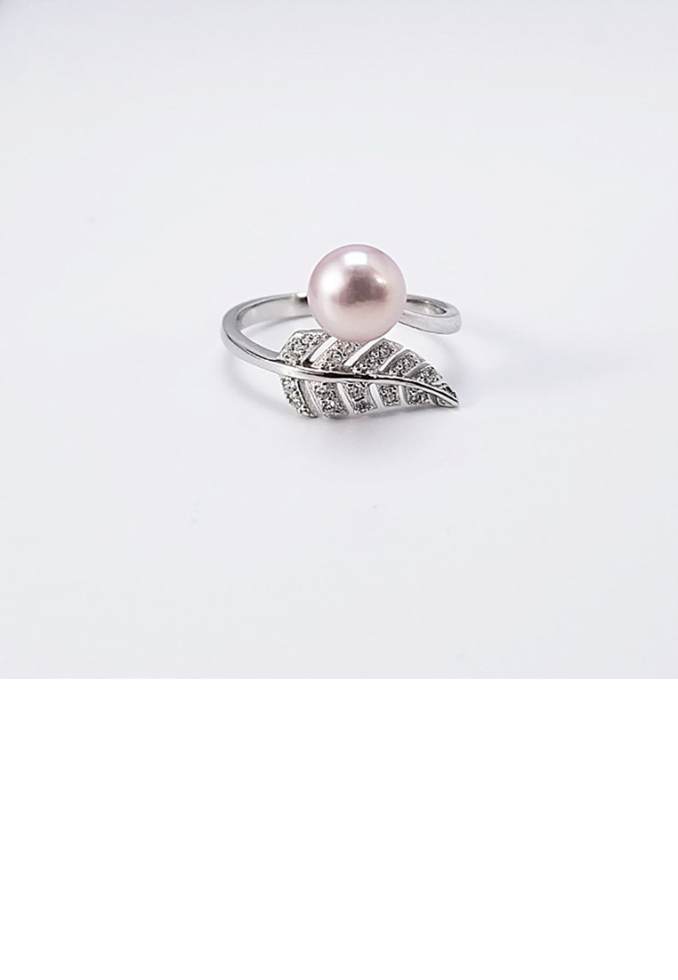 925 Sterling Silver Fashion Elegant Leaf Purple Freshwater Pearl Adjustable Open Ring with Cubic Zirconia - Luxurious Look