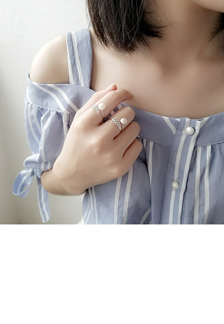 925 Sterling Silver Fashion Elegant Leaf Purple Freshwater Pearl Adjustable Open Ring with Cubic Zirconia - Luxurious Look