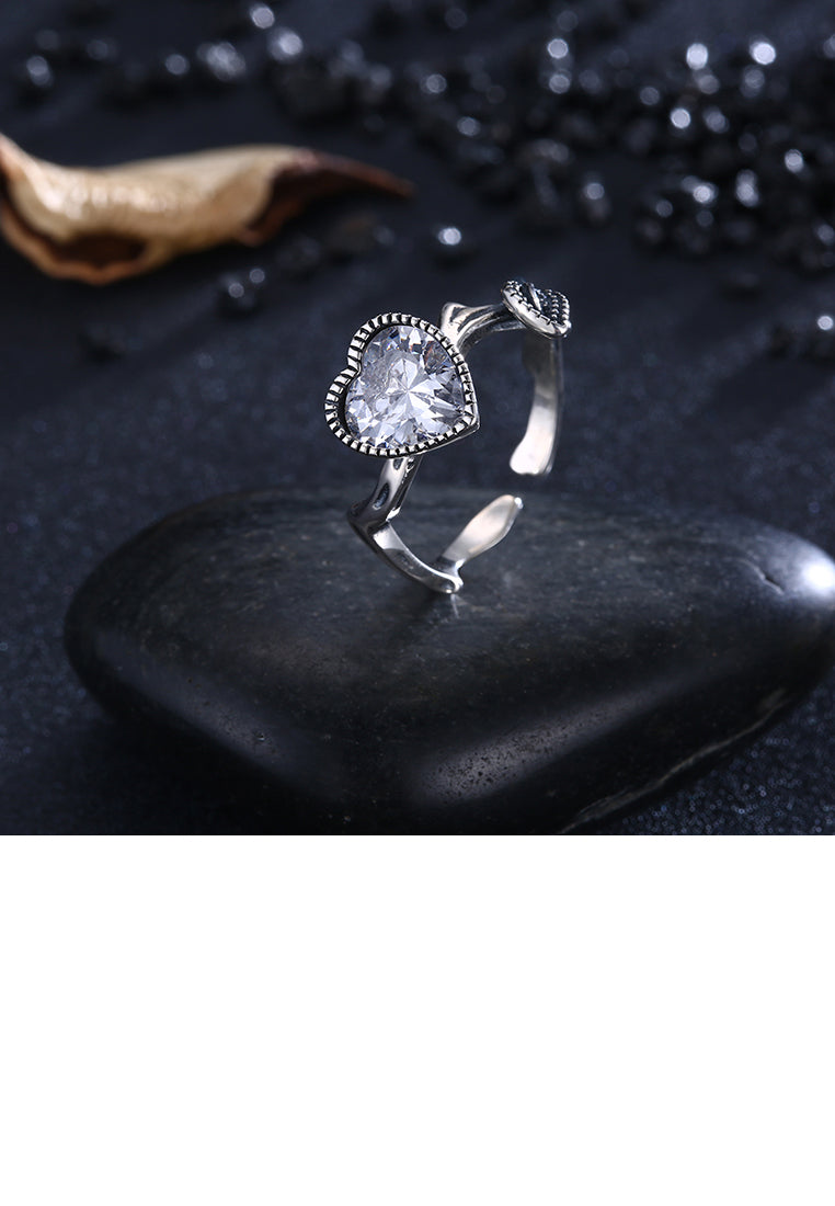925 Sterling Silver Fashion Vintage Heart Shaped Cubic Zircon Adjustable Ring