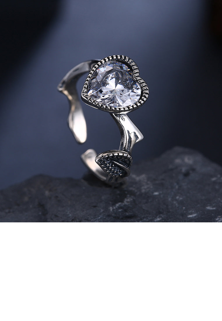925 Sterling Silver Fashion Vintage Heart Shaped Cubic Zircon Adjustable Ring