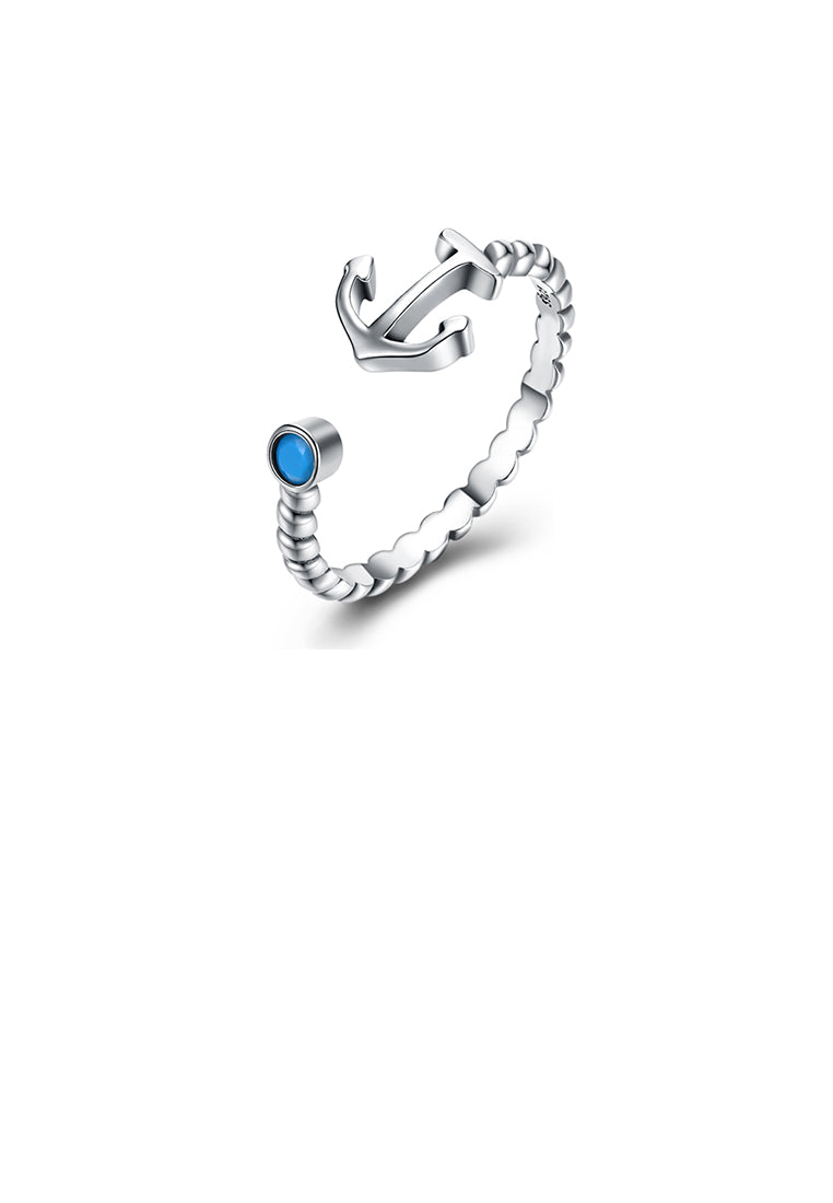 925 Sterling Silver Simple Vintage Elegant Fashion Anchor Adjustable Opening Non Natural Ring with Turquoise