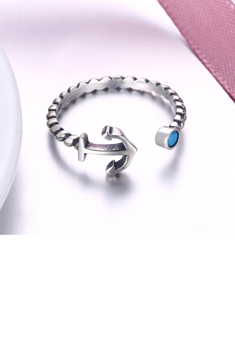 925 Sterling Silver Simple Vintage Elegant Fashion Anchor Adjustable Opening Non Natural Ring with Turquoise