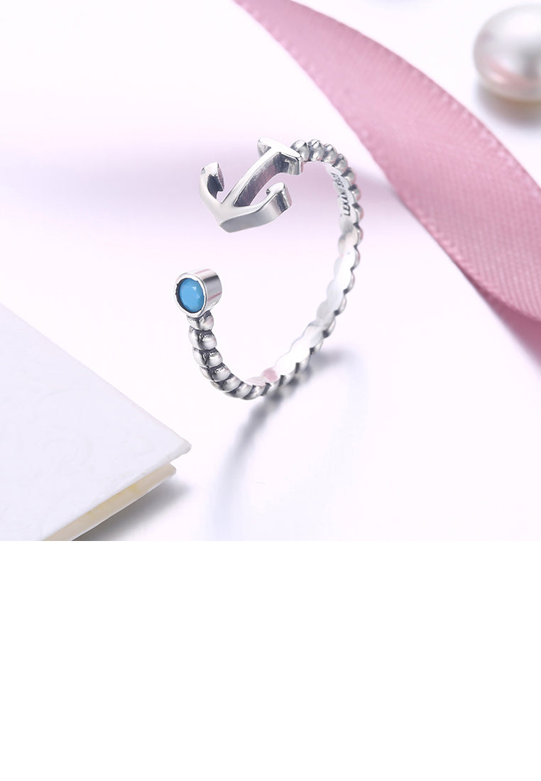 925 Sterling Silver Simple Vintage Elegant Fashion Anchor Adjustable Opening Non Natural Ring with Turquoise