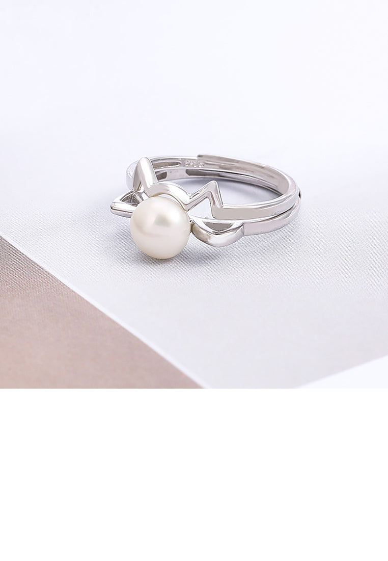 925 Sterling Silver Simple and Cute Cat White Freshwater Pearl Adjustable Ring - Luxurious Look