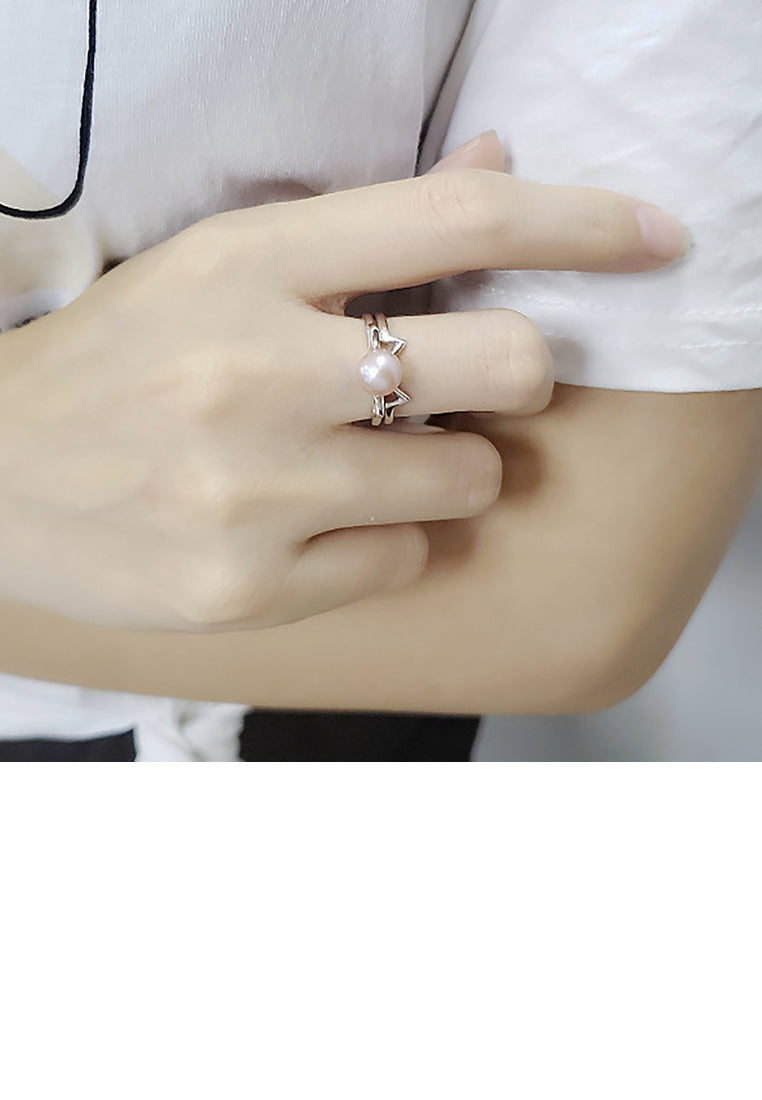 925 Sterling Silver Simple and Cute Cat White Freshwater Pearl Adjustable Ring - Luxurious Look
