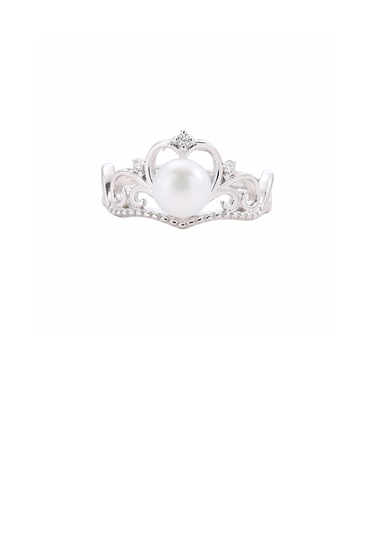 925 Sterling Silver Elegant Noble Heart Crown Freshwater Pearl Adjustable Ring - Luxurious Look