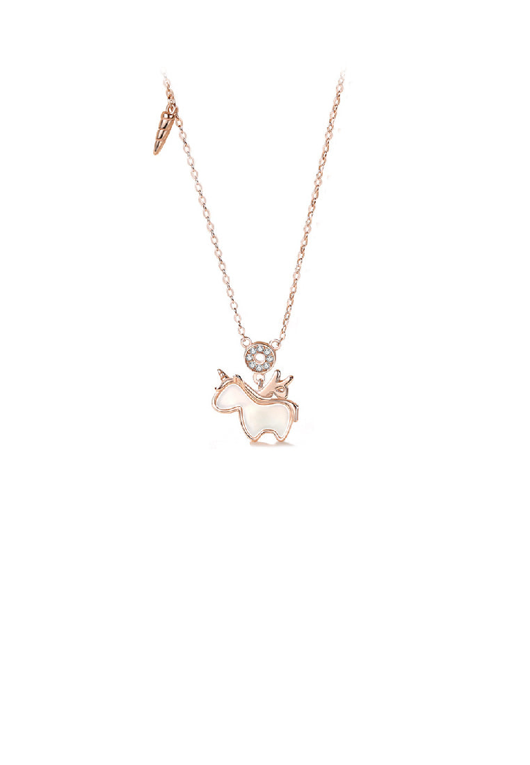 925 Sterling Silver Plated Rose Gold Fashion Cute Unicorn Pendant with Cubic Zirconia and Necklace - Luxurious Look