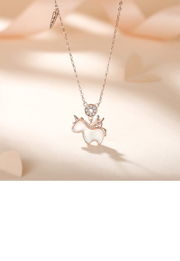 925 Sterling Silver Plated Rose Gold Fashion Cute Unicorn Pendant with Cubic Zirconia and Necklace - Luxurious Look