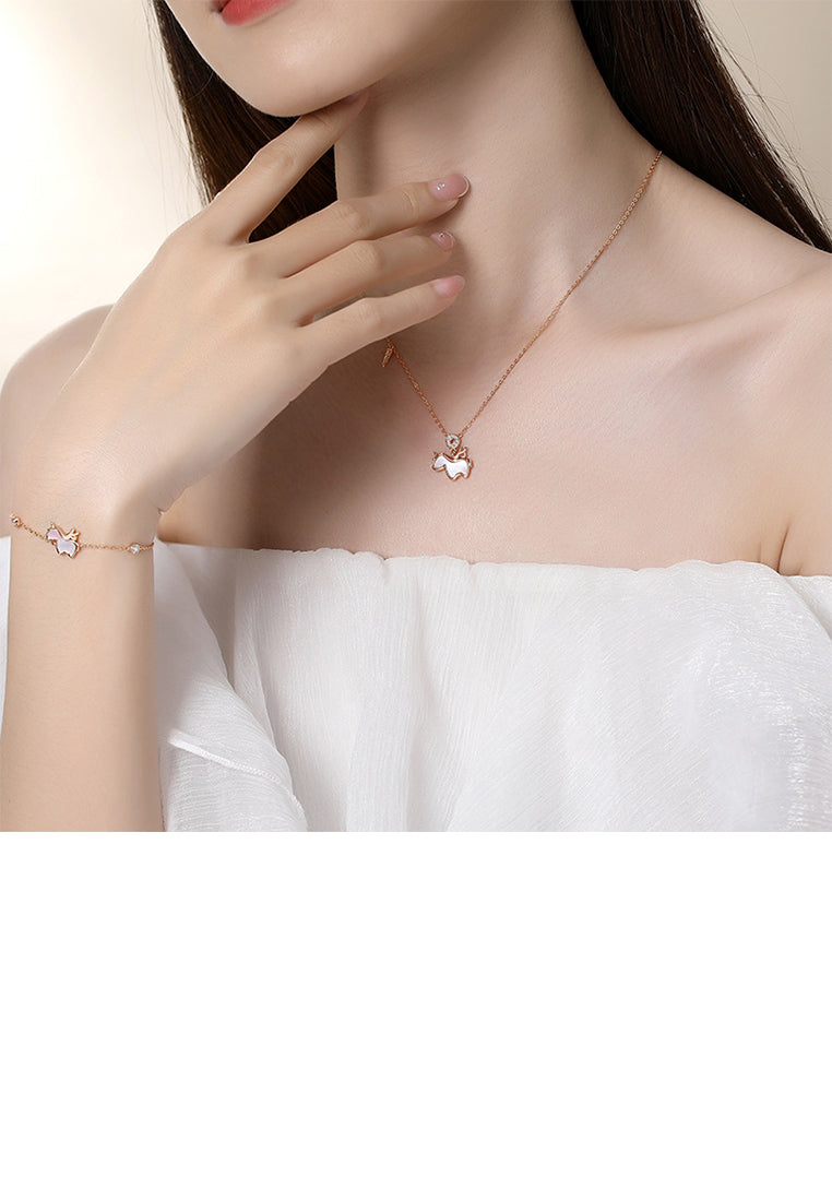 925 Sterling Silver Plated Rose Gold Fashion Cute Unicorn Pendant with Cubic Zirconia and Necklace - Luxurious Look