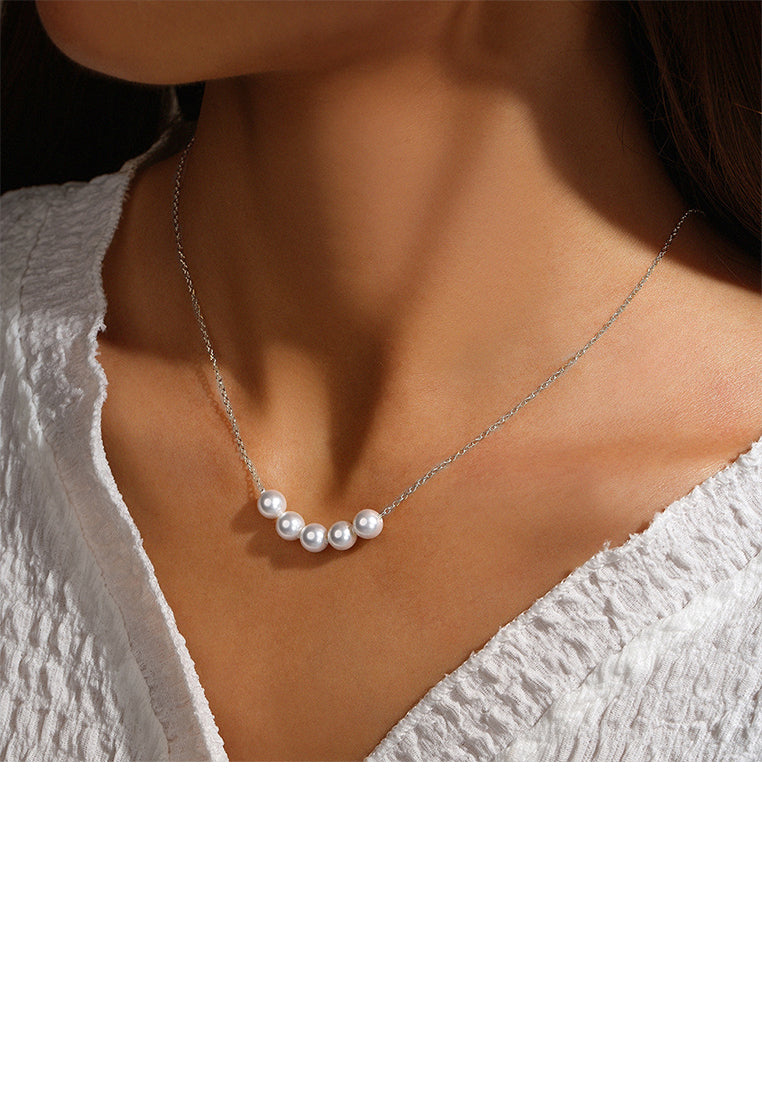 925 Sterling Silver Fashion and Elegant Geometric Imitation Pearl Beaded Necklace - Luxurious Look