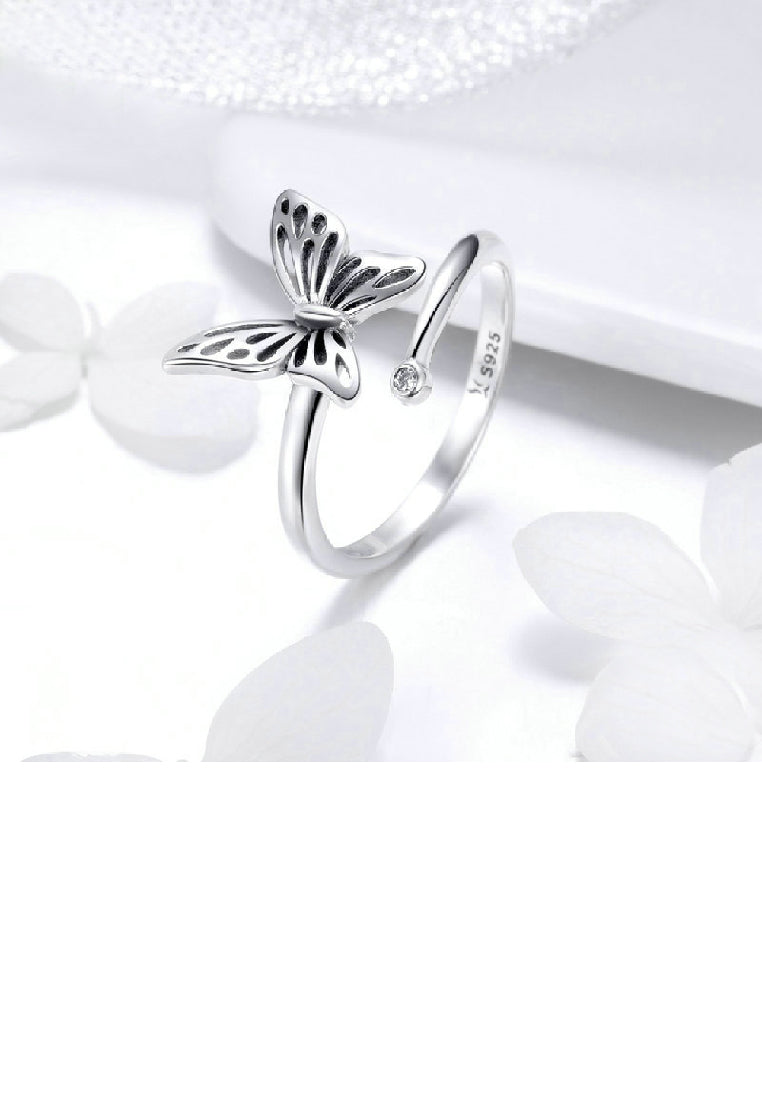 925 Sterling Silver Simple Temperament Hollow Butterfly Adjustable Open Ring