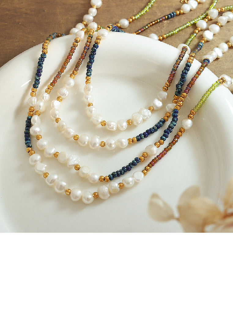 Simple Temperament Plated Gold 316L Stainless Steel Irregular Imitation Pearl Colorful Beaded Necklace - Luxurious Look