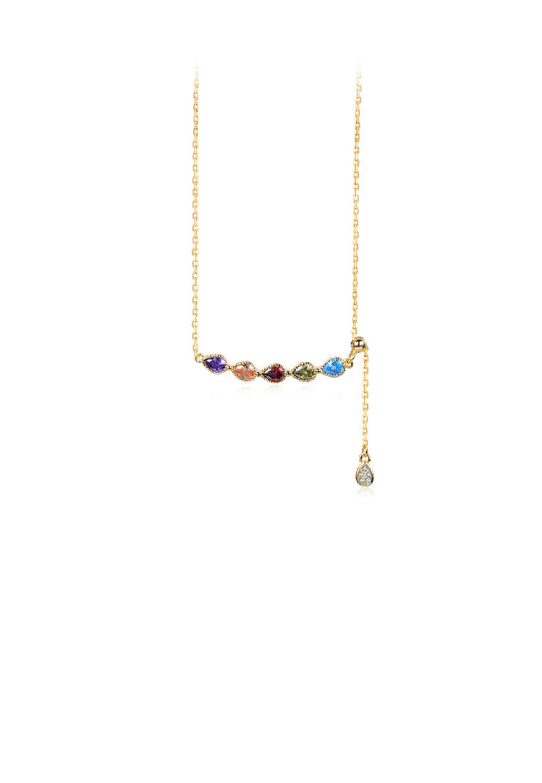 925 Sterling Silver Plated Gold Simple Temperament Geometric Water Drop Necklace with Colored Cubic Zirconia - Luxurious Look