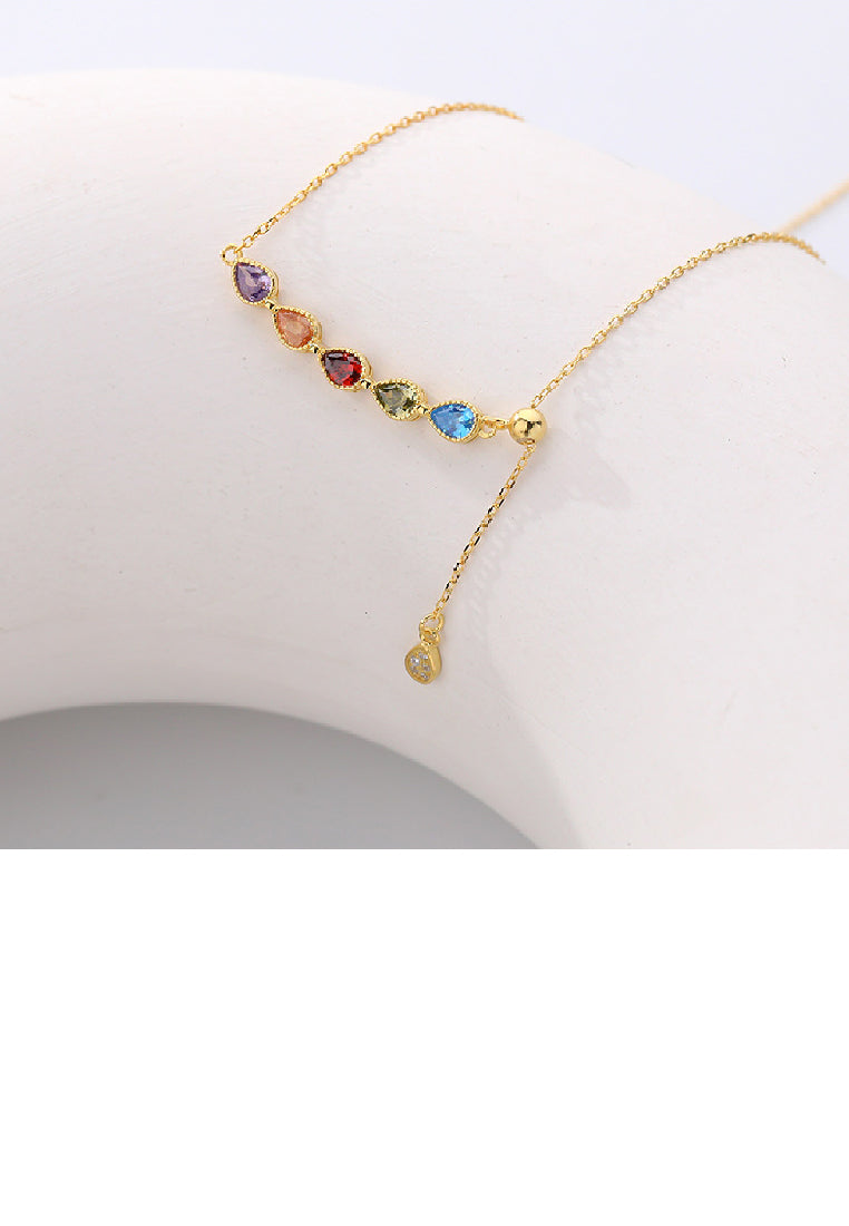 925 Sterling Silver Plated Gold Simple Temperament Geometric Water Drop Necklace with Colored Cubic Zirconia - Luxurious Look
