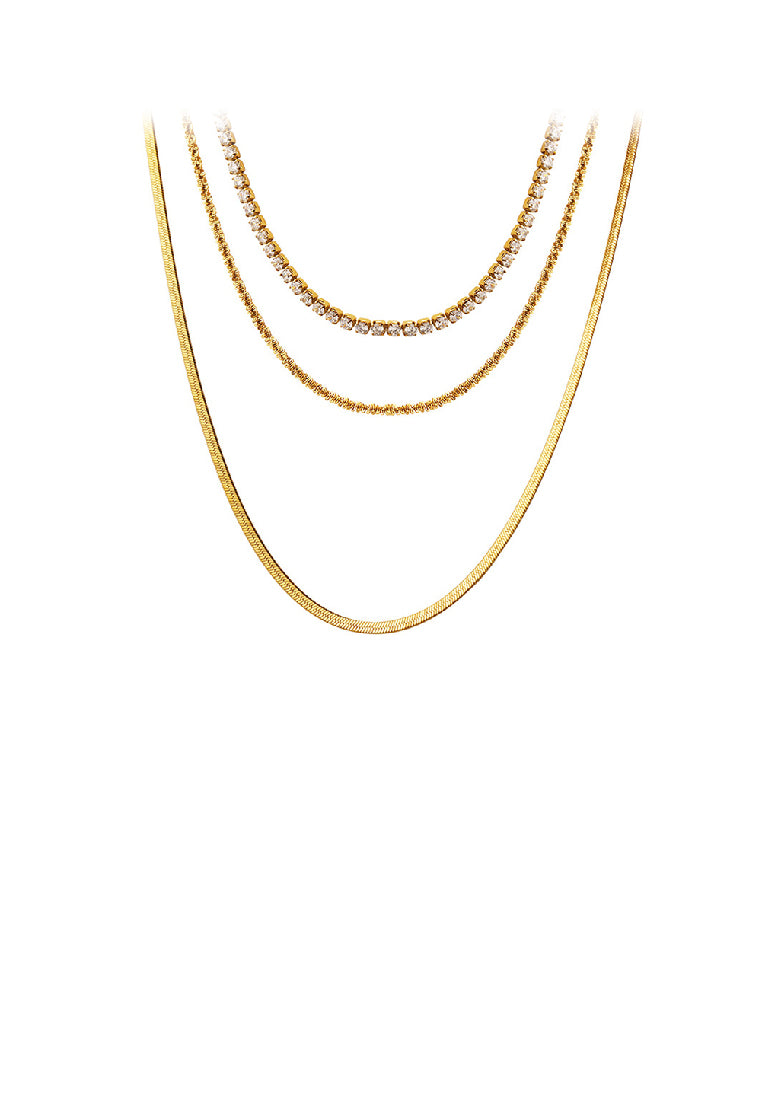 Simple Fashion Plated Gold 316L Stainless Steel Multilayer Chain Necklace with Cubic Zirconia - Luxurious Look
