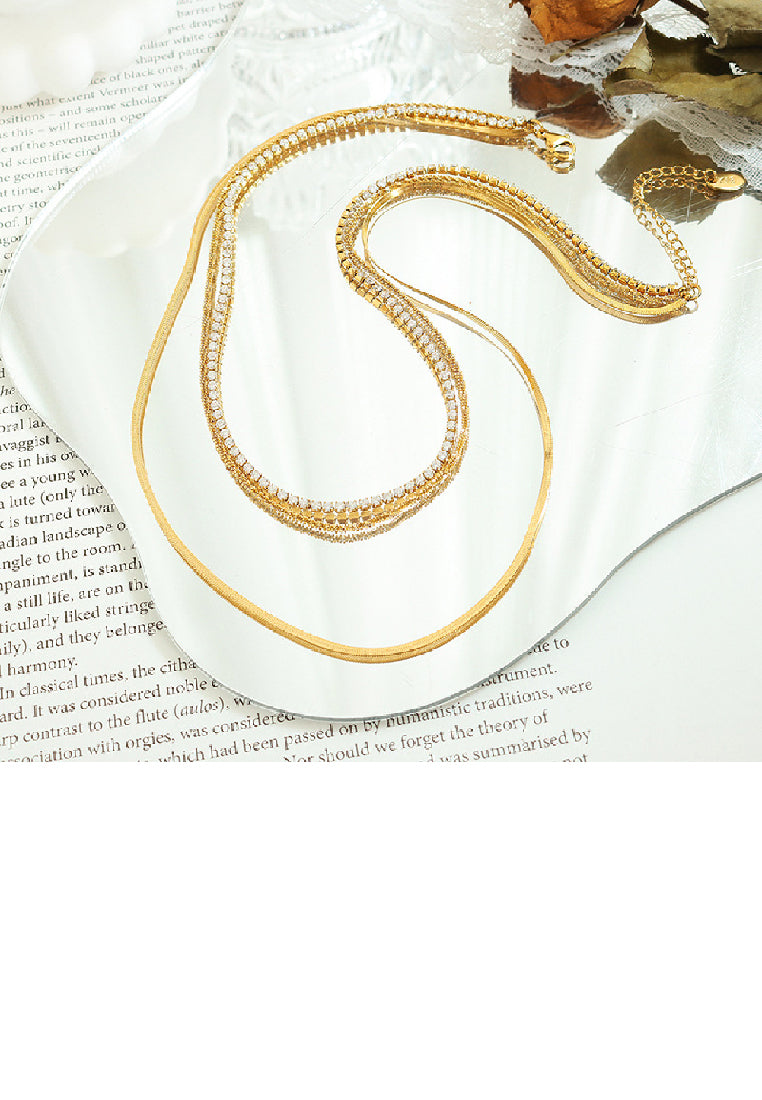 Simple Fashion Plated Gold 316L Stainless Steel Multilayer Chain Necklace with Cubic Zirconia - Luxurious Look