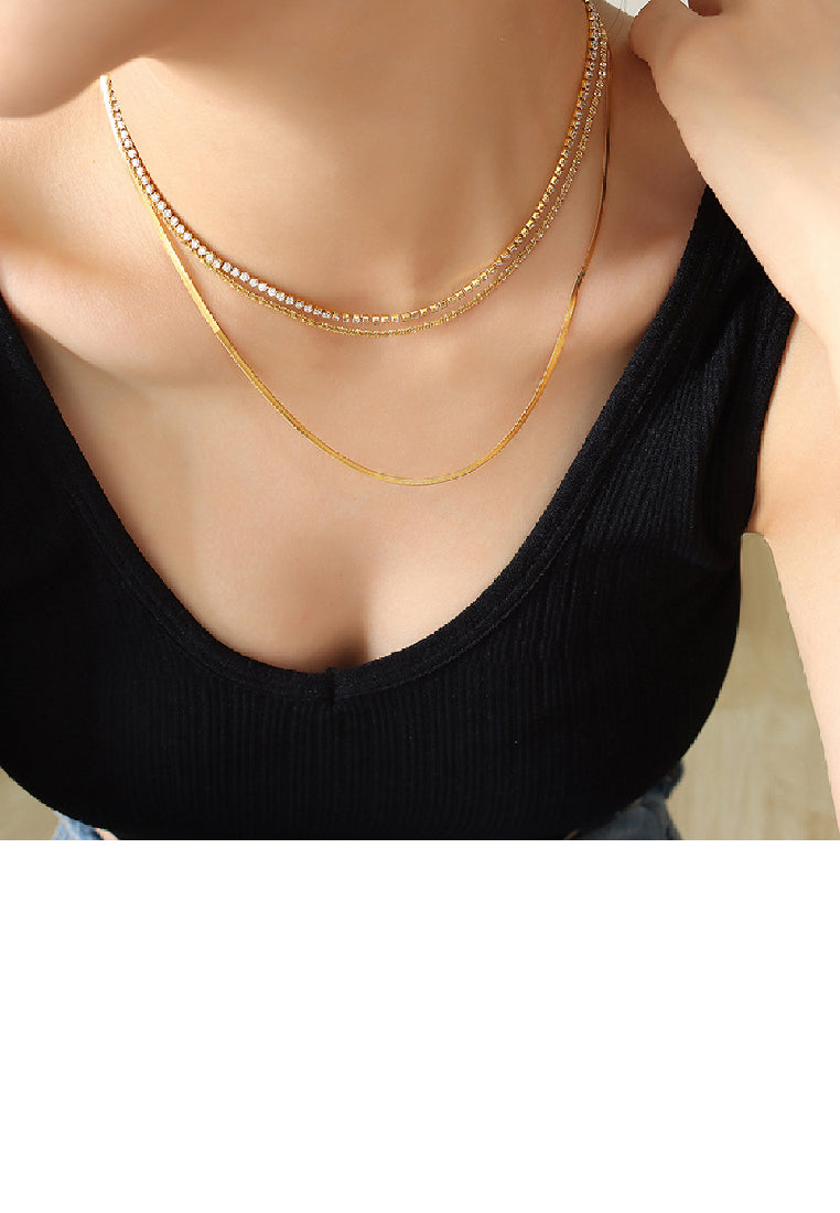 Simple Fashion Plated Gold 316L Stainless Steel Multilayer Chain Necklace with Cubic Zirconia - Luxurious Look