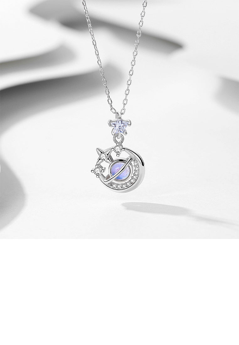 925 Sterling Silver Fashion Personality Planet Star Pendant with Cubic Zirconia and Necklace - Luxurious Look