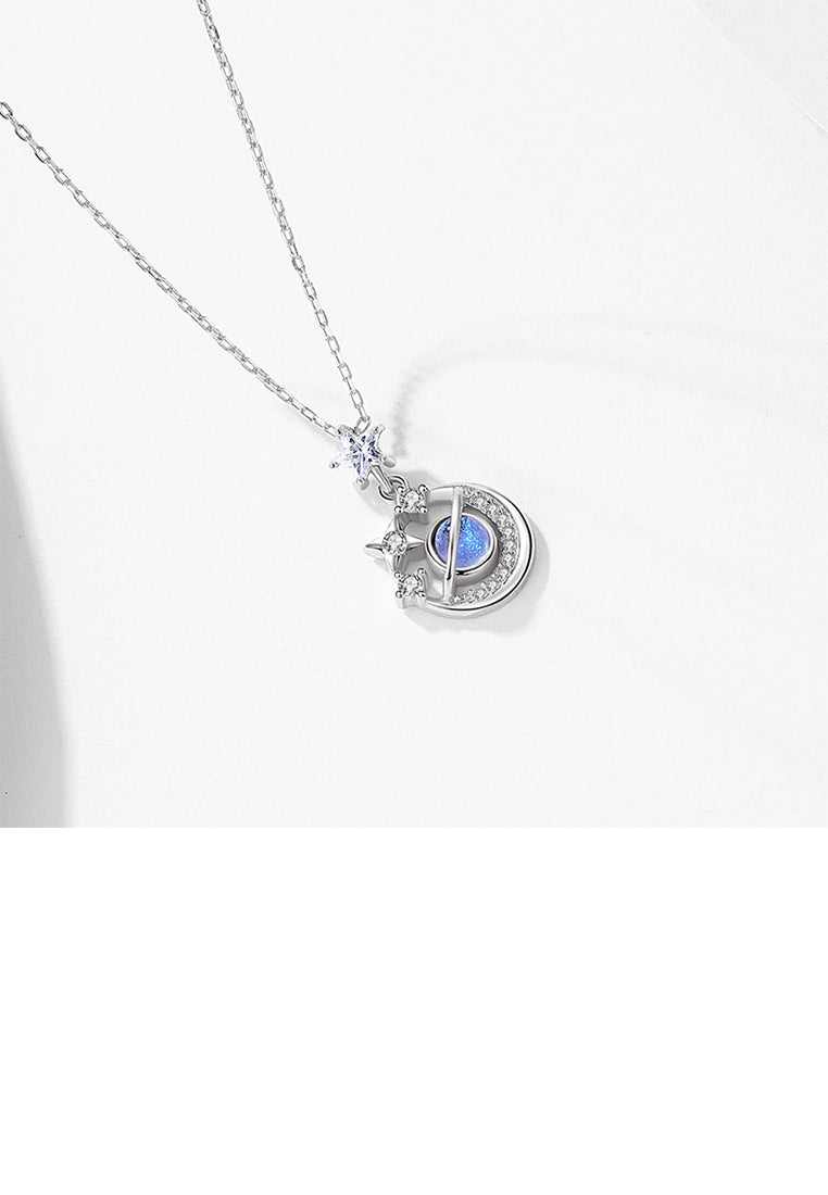 925 Sterling Silver Fashion Personality Planet Star Pendant with Cubic Zirconia and Necklace - Luxurious Look