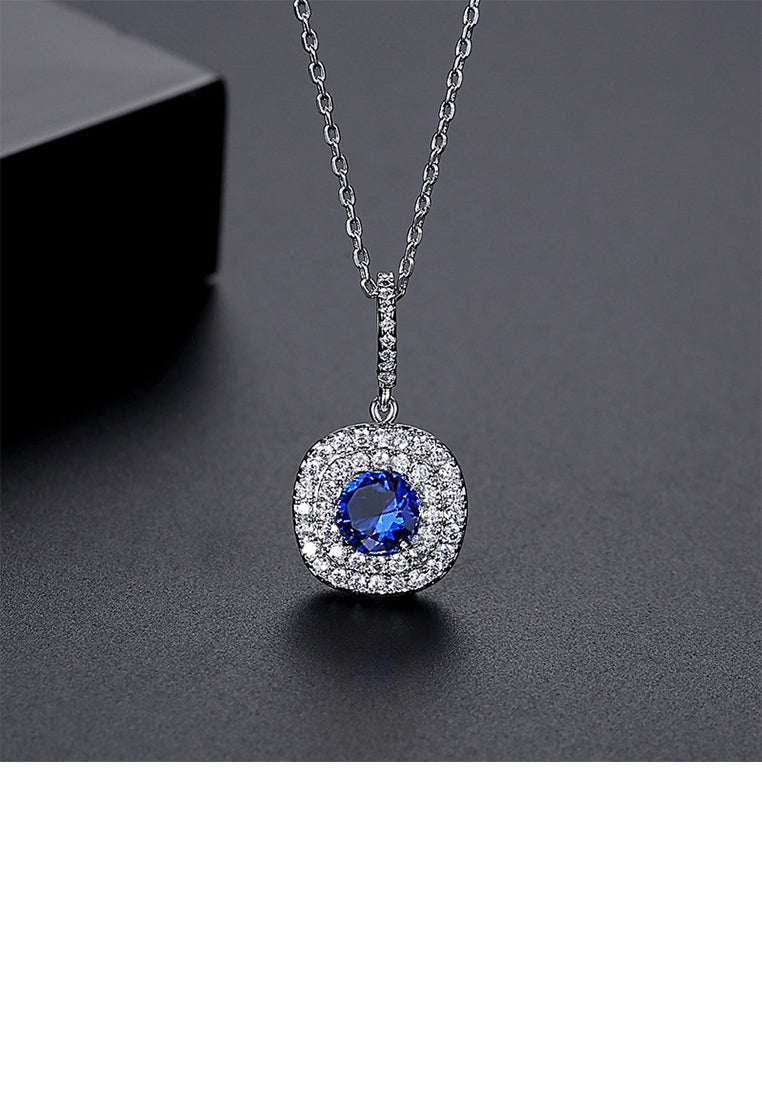 Fashion Brilliant Geometric Round Pendant with Blue Cubic Zirconia and Necklace - Luxurious Look