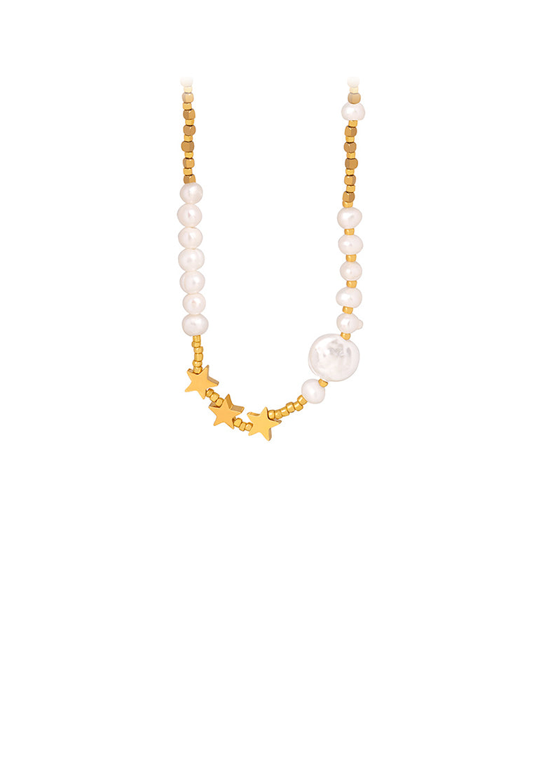 Fashion and Simple Plated Gold 316L Stainless Steel Star Imitation Pearl Beaded Necklace - Luxurious Look