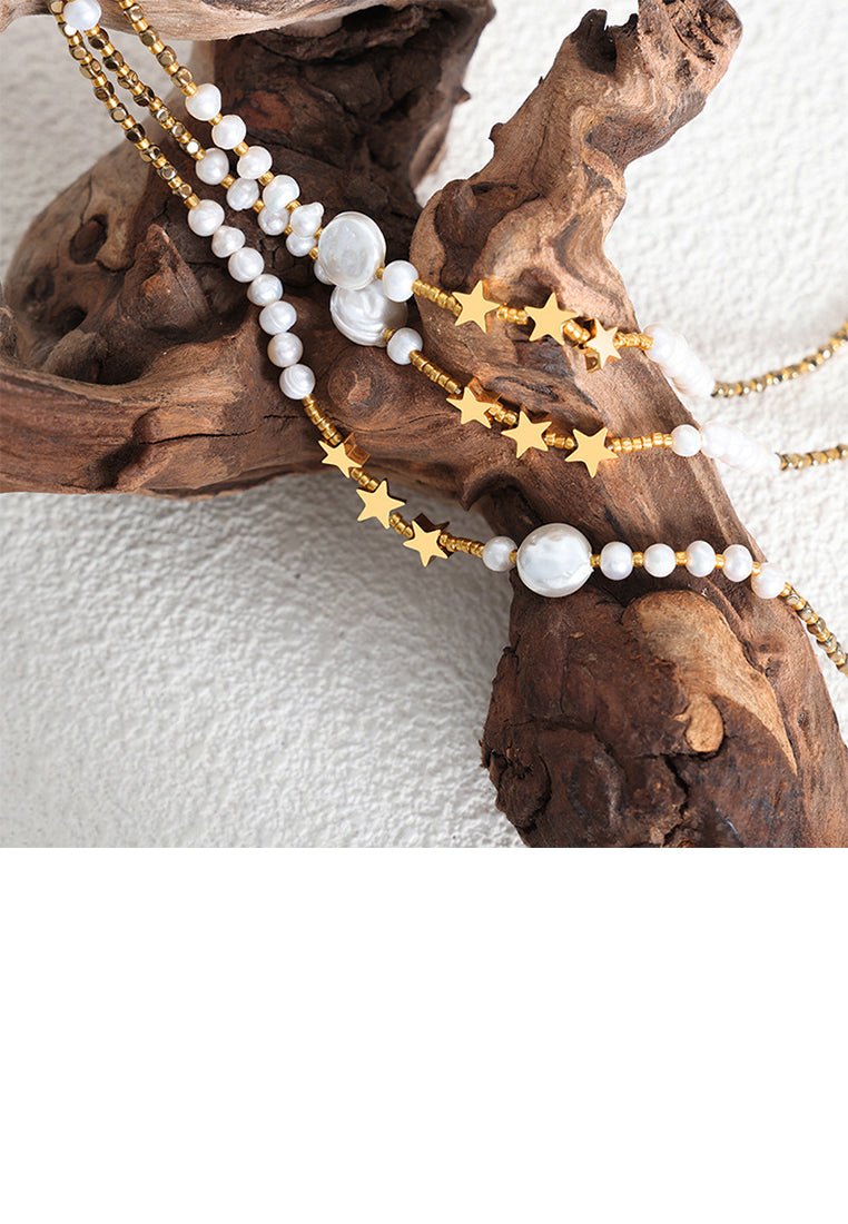 Fashion and Simple Plated Gold 316L Stainless Steel Star Imitation Pearl Beaded Necklace - Luxurious Look