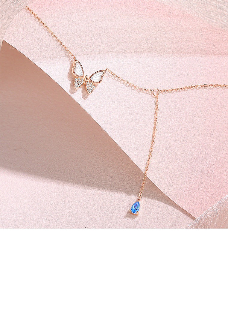 925 Sterling Silver Plated Rose Gold Simple and Elegant Butterfly Mother-of-pearl Tassel Pendant with Cubic Zirconia and Necklace - Luxurious Look