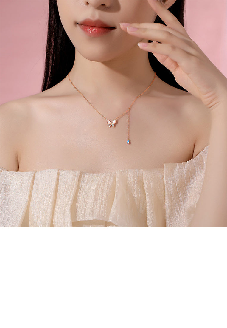925 Sterling Silver Plated Rose Gold Simple and Elegant Butterfly Mother-of-pearl Tassel Pendant with Cubic Zirconia and Necklace - Luxurious Look