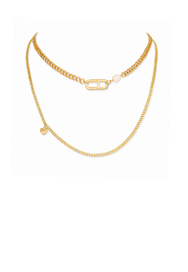 Fashion Simple Plated Gold Hollow Geometric Stitching Double Layer Necklace with Imitation Pearls