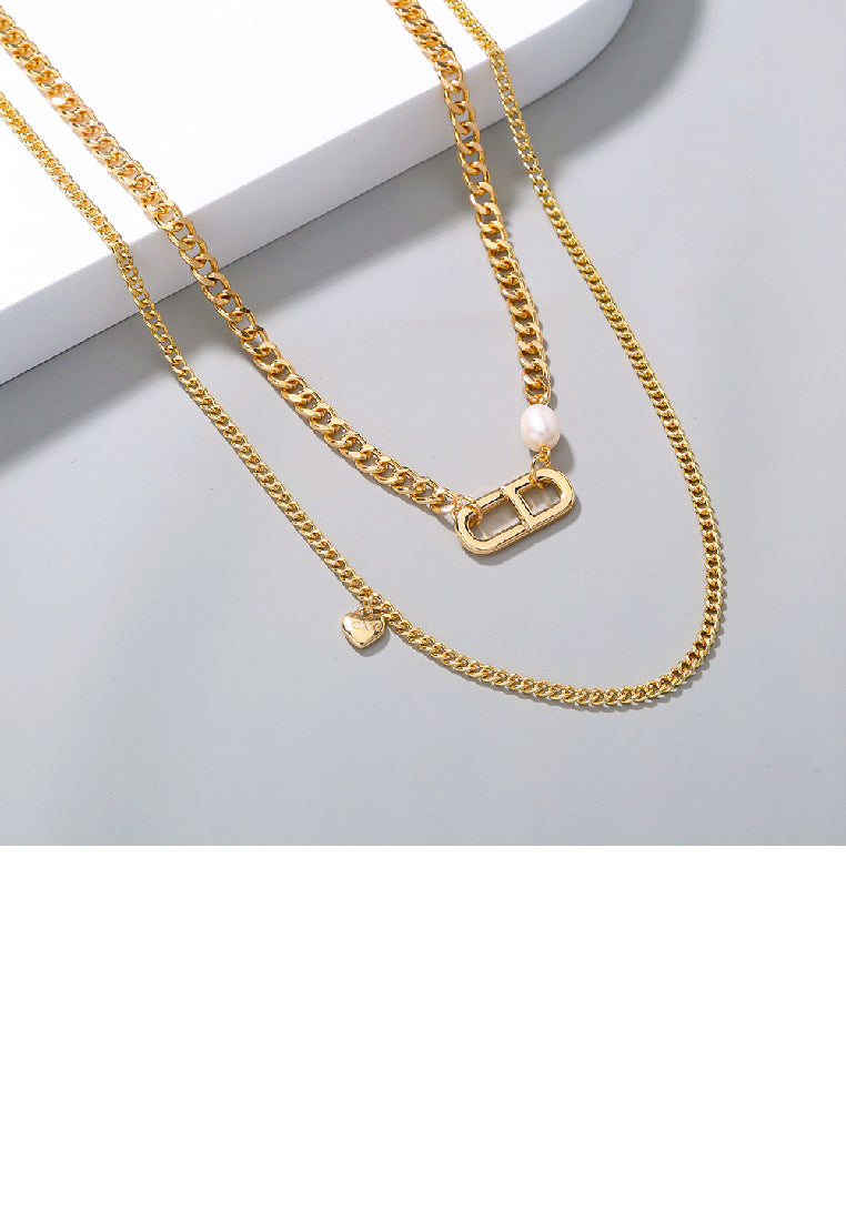 Fashion Simple Plated Gold Hollow Geometric Stitching Double Layer Necklace with Imitation Pearls