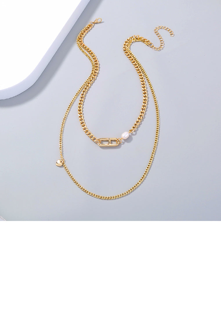 Fashion Simple Plated Gold Hollow Geometric Stitching Double Layer Necklace with Imitation Pearls