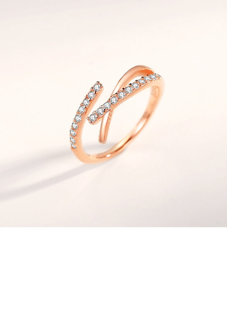 925 Sterling Silver Plated Rose Gold Simple Fashion Cross Geometry Adjustable Open Ring with Cubic Zirconia - Luxurious Look