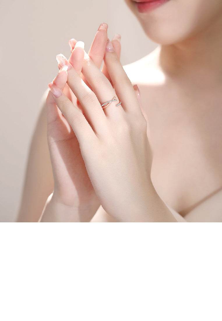 925 Sterling Silver Plated Rose Gold Simple Fashion Cross Geometry Adjustable Open Ring with Cubic Zirconia - Luxurious Look