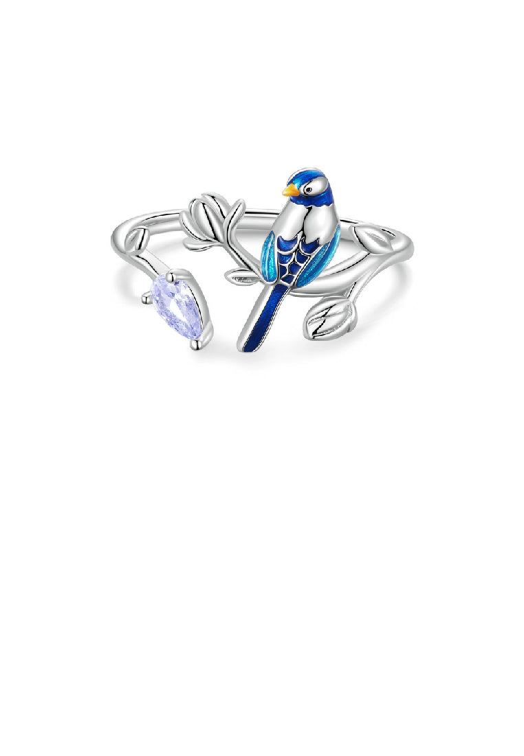925 Sterling Silver Fashion Elegant Enamel Blue Bird Adjustable Open Ring with Cubic Zirconia - Luxurious Look