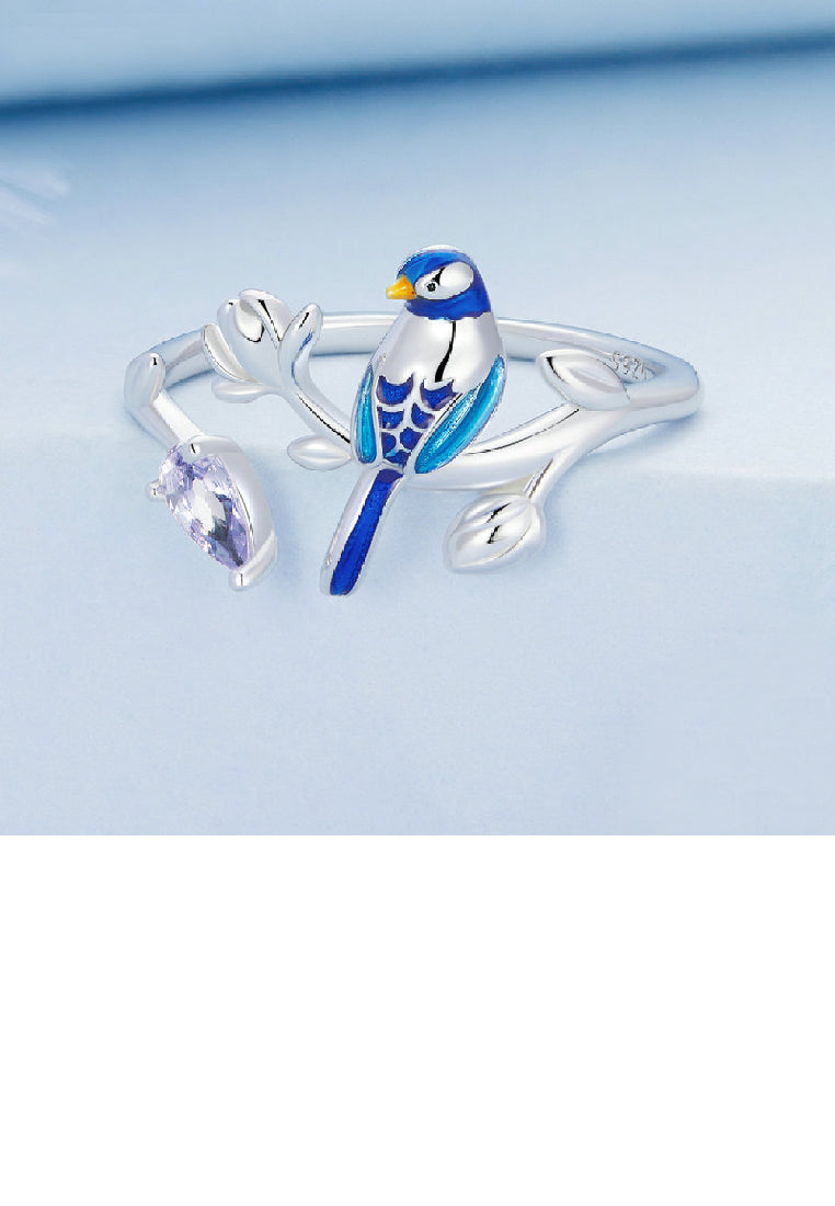 925 Sterling Silver Fashion Elegant Enamel Blue Bird Adjustable Open Ring with Cubic Zirconia - Luxurious Look