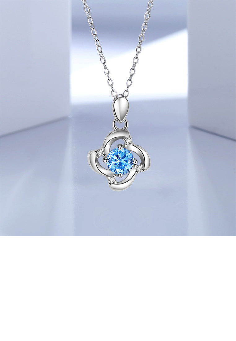 925 Sterling Silver Fashion Simple Four-leafed Clover Pendant with Blue Cubic Zirconia and Necklace - Luxurious Look