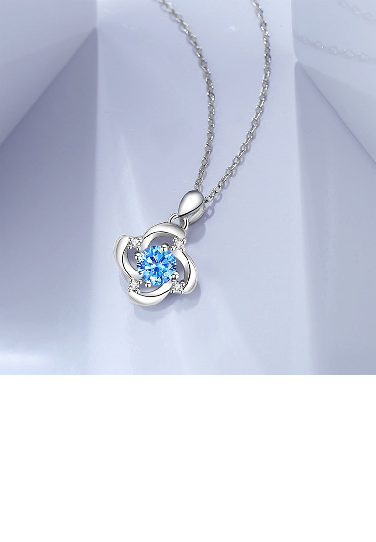 925 Sterling Silver Fashion Simple Four-leafed Clover Pendant with Blue Cubic Zirconia and Necklace - Luxurious Look